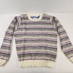 Vintage Sears Girls 14 Acrylic Sweater Striped Diamond Pattern Like New